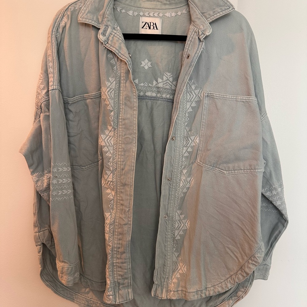 Zara Light Blue Jean Jacket with White Embroidered Patterns